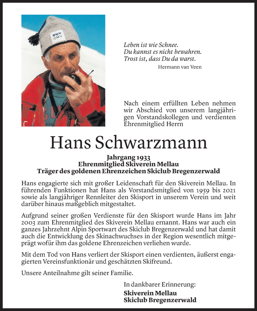  Todesanzeige für Hans Schwarzmann vom 15.07.2024 aus Vorarlberger Nachrichten