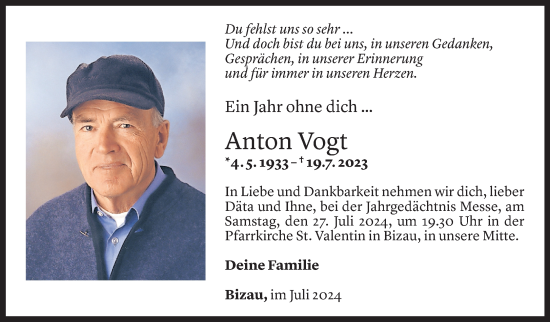 Todesanzeige von Anton Vogt von Vorarlberger Nachrichten