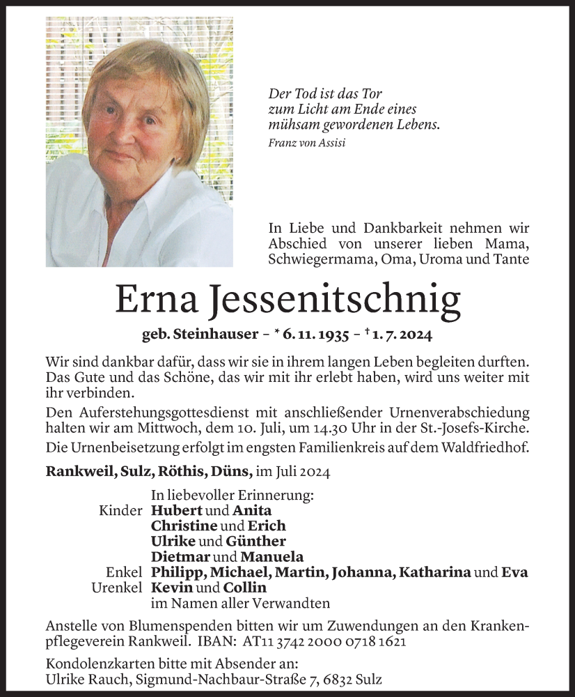  Todesanzeige für Erna Jessenitschnig vom 05.07.2024 aus Vorarlberger Nachrichten