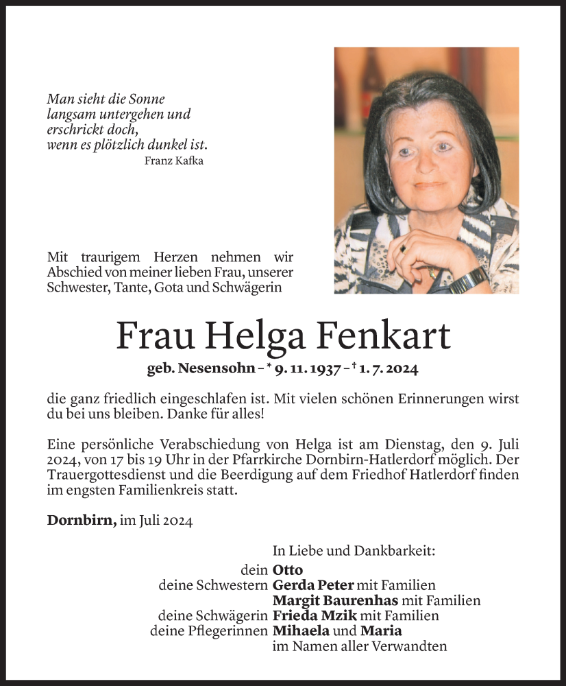  Todesanzeige für Helga Fenkart vom 05.07.2024 aus Vorarlberger Nachrichten