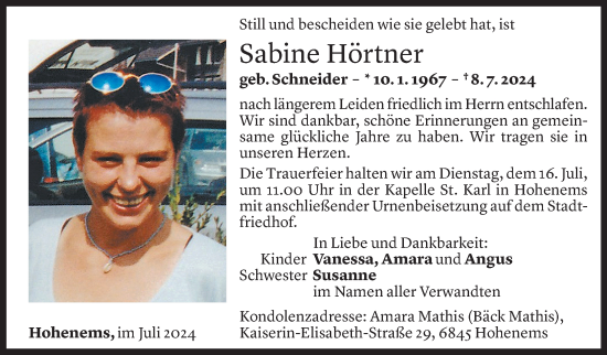 Todesanzeige von Sabine Hörtner von Vorarlberger Nachrichten