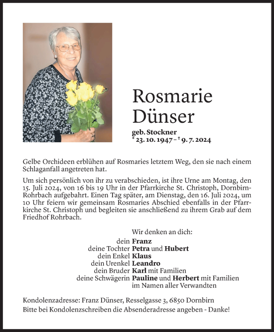 Todesanzeige von Rosmarie Dünser von Vorarlberger Nachrichten