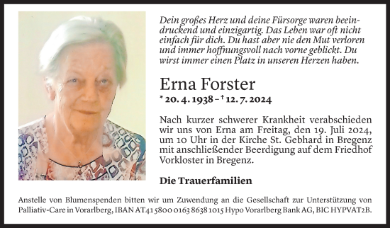 Todesanzeige von Erna Forster von Vorarlberger Nachrichten