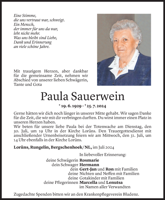 Todesanzeige von Paula Sauerwein von Vorarlberger Nachrichten