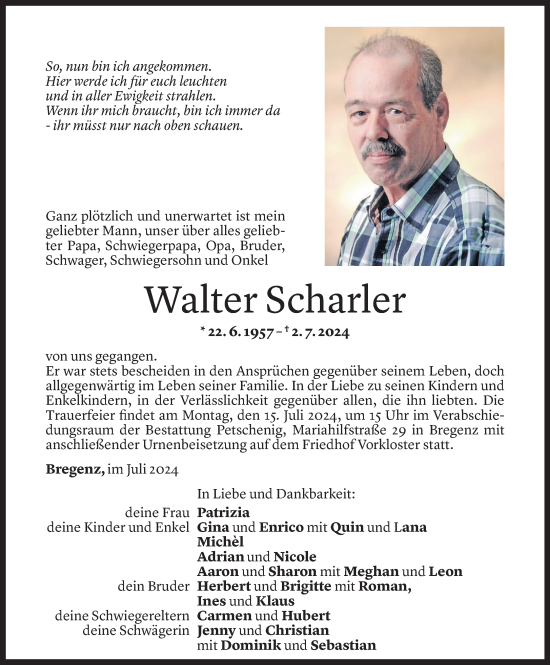 Todesanzeige von Walter Scharler von Vorarlberger Nachrichten