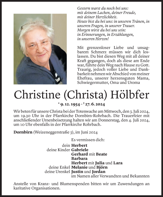 Todesanzeige von Christine Hölbfer von Vorarlberger Nachrichten