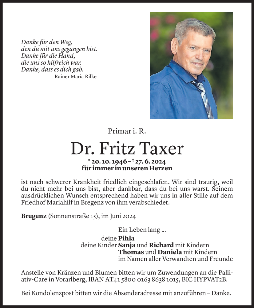  Todesanzeige für Fritz Taxer vom 06.07.2024 aus Vorarlberger Nachrichten