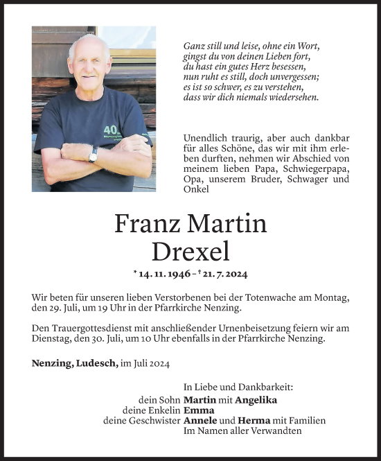 Todesanzeige von Franz Drexel von Vorarlberger Nachrichten