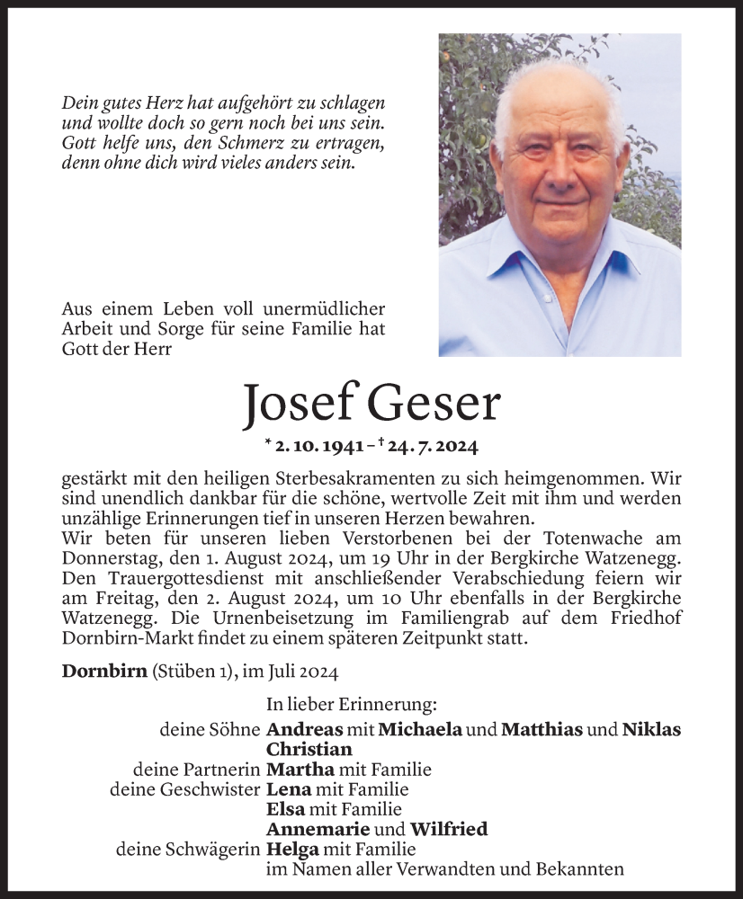  Todesanzeige für Josef Geser vom 29.07.2024 aus Vorarlberger Nachrichten