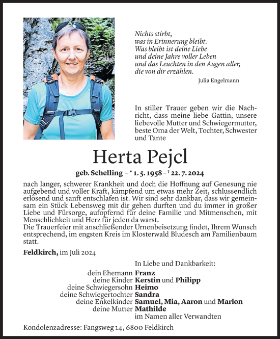 Todesanzeige von Herta Pejcl von Vorarlberger Nachrichten
