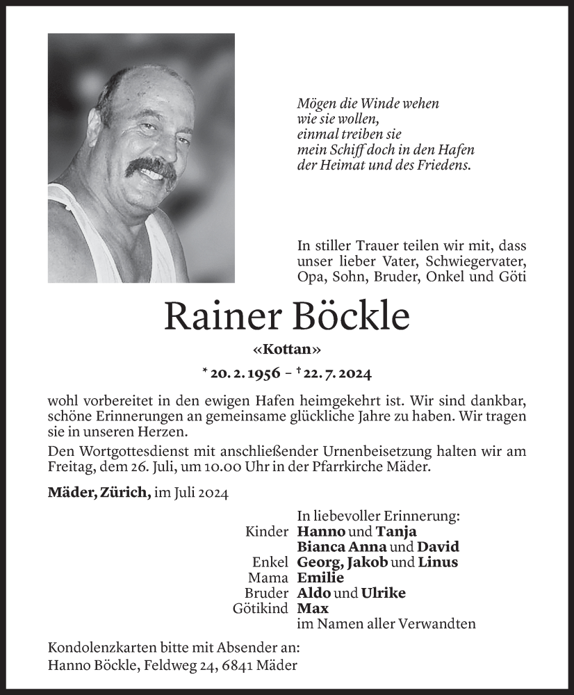  Todesanzeige für Rainer Böckle vom 24.07.2024 aus Vorarlberger Nachrichten