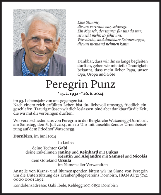 Todesanzeige von Peregrin Punz von Vorarlberger Nachrichten