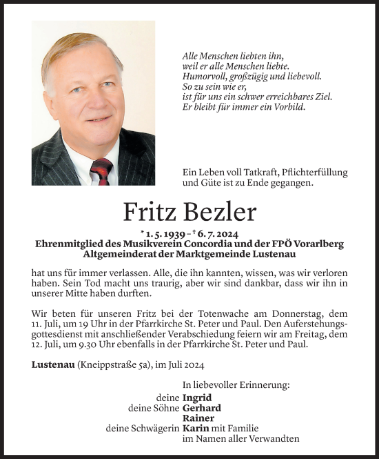 Todesanzeige von Fritz Bezler von Vorarlberger Nachrichten
