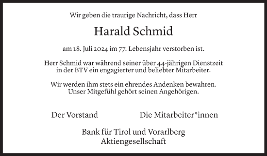 Todesanzeige von Harald Schmid von Vorarlberger Nachrichten