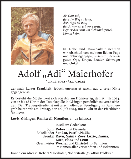 Todesanzeige von Adolf Maierhofer von Vorarlberger Nachrichten