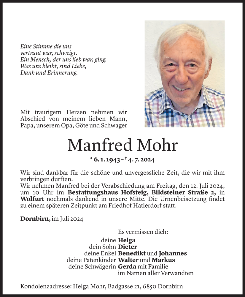  Todesanzeige für Manfred Mohr vom 10.07.2024 aus Vorarlberger Nachrichten