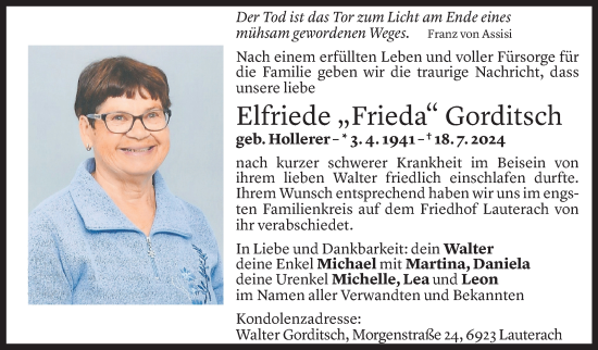 Todesanzeige von Elfriede Gorditsch von Vorarlberger Nachrichten