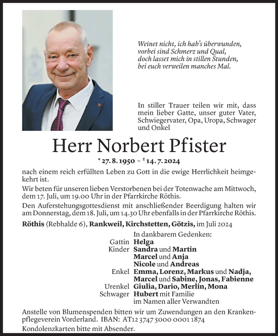 Todesanzeige von Norbert Pfister von Vorarlberger Nachrichten