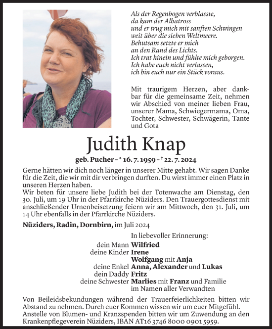 Todesanzeige von Judith Knap von Vorarlberger Nachrichten