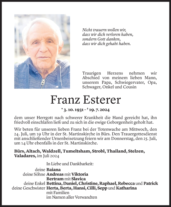 Todesanzeige von Franz Esterer von Vorarlberger Nachrichten