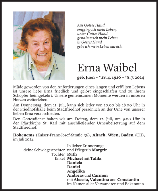 Todesanzeige von Erna Waibel von Vorarlberger Nachrichten