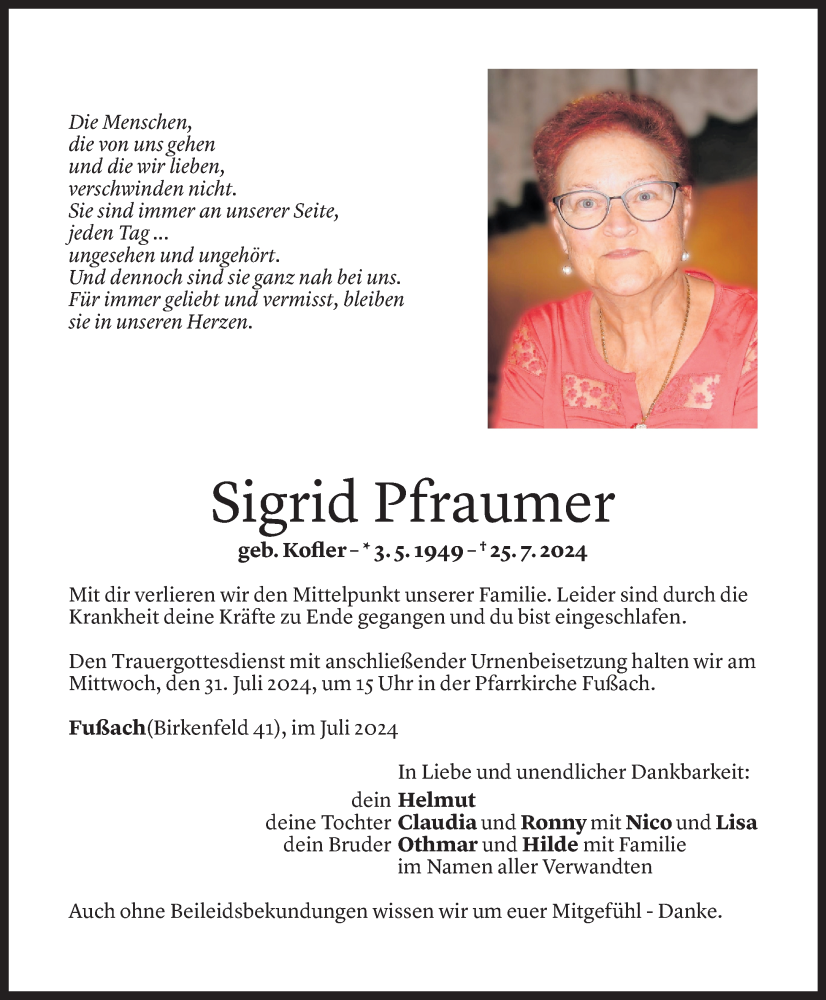  Todesanzeige für Sigrid Pfraumer vom 28.07.2024 aus Vorarlberger Nachrichten