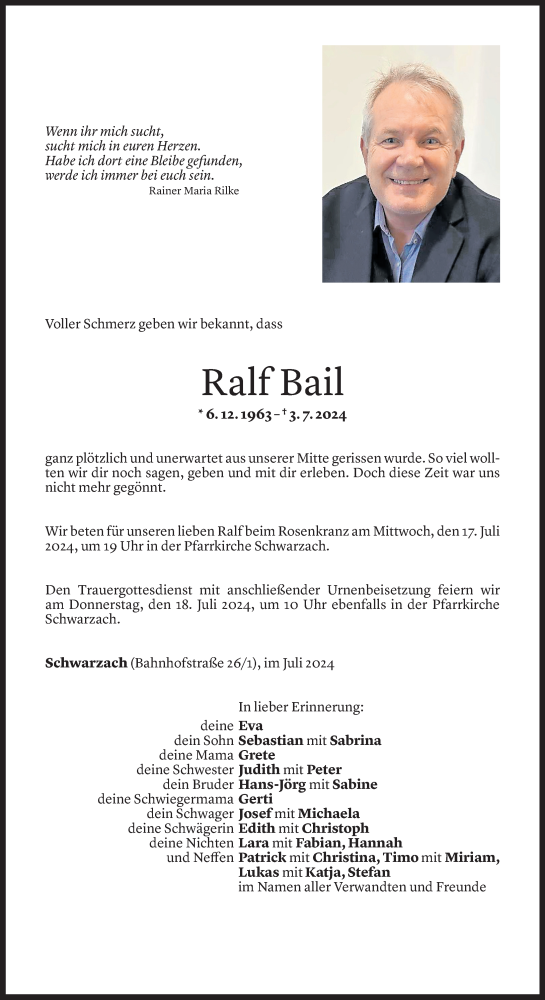 Todesanzeige von Ralf Bail von Vorarlberger Nachrichten