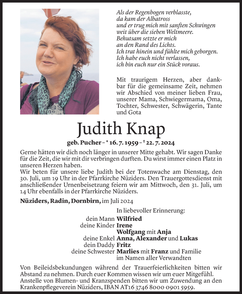  Todesanzeige für Judith Knap vom 26.07.2024 aus Vorarlberger Nachrichten