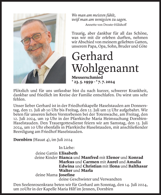 Todesanzeige von Gerhard Wohlgenannt von Vorarlberger Nachrichten