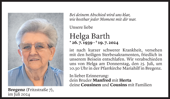 Todesanzeige von Helga Barth von Vorarlberger Nachrichten