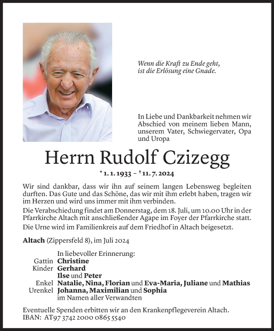 Todesanzeige von Rudolf Czizegg von Vorarlberger Nachrichten