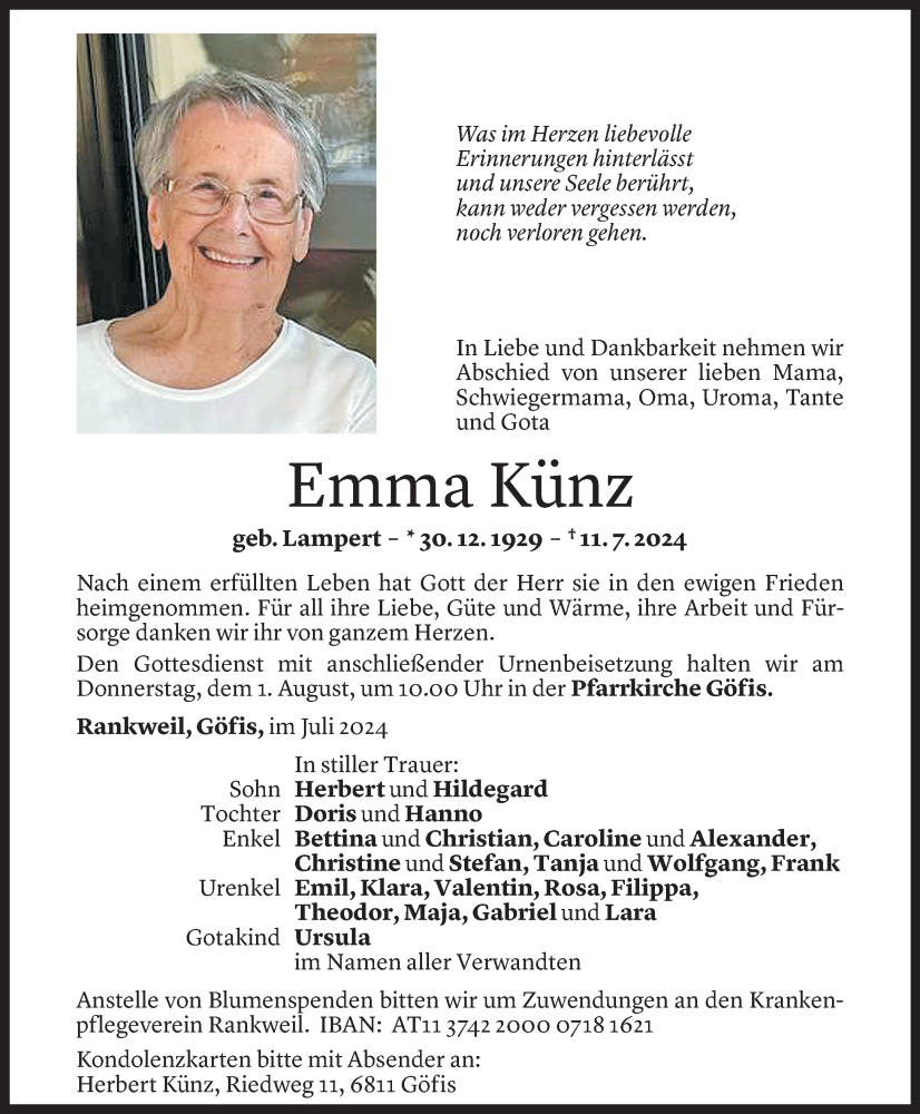  Todesanzeige für Emma Künz vom 28.07.2024 aus Vorarlberger Nachrichten