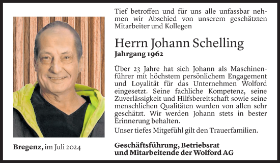 Todesanzeige von Johann Schelling von Vorarlberger Nachrichten