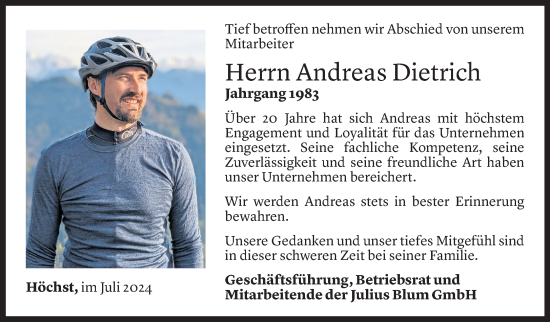 Todesanzeige von Andreas Dietrich von Vorarlberger Nachrichten