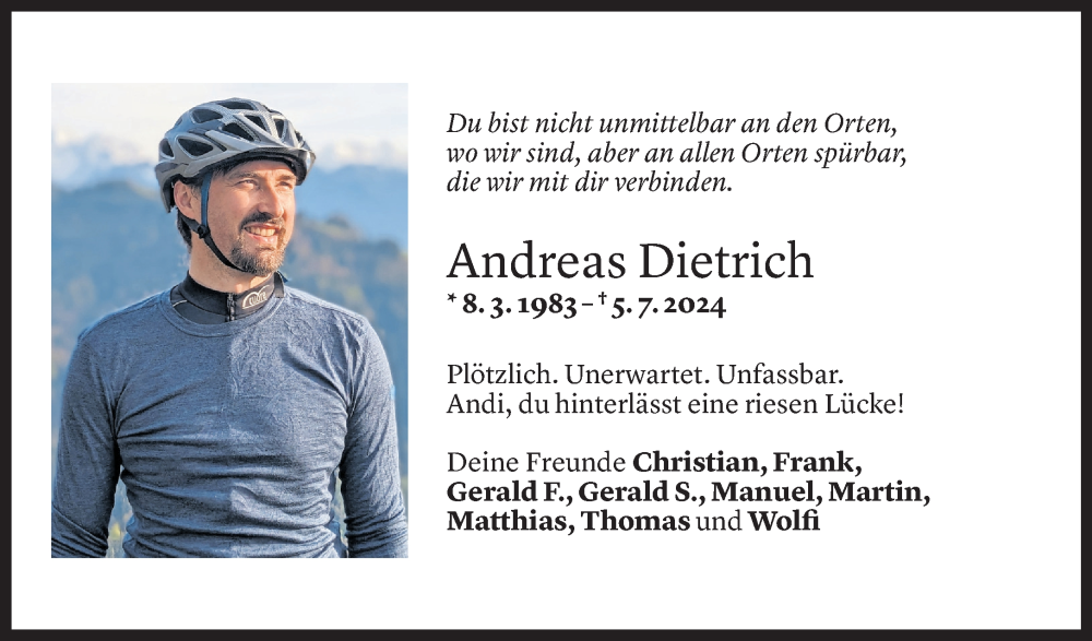  Todesanzeige für Andreas Dietrich vom 10.07.2024 aus Vorarlberger Nachrichten