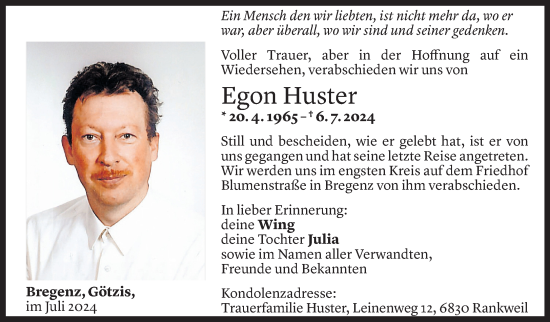 Todesanzeige von Egon Huster von Vorarlberger Nachrichten