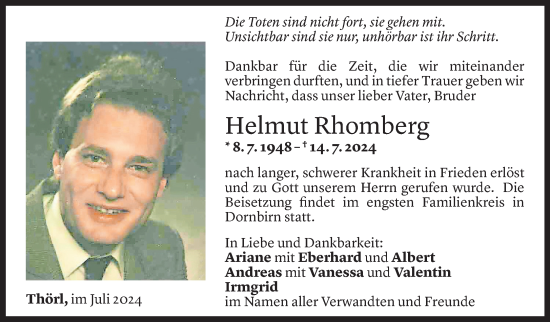 Todesanzeige von Helmut Rhomberg von Vorarlberger Nachrichten
