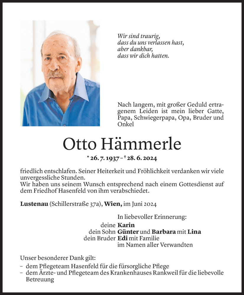  Todesanzeige für Otto Hämmerle vom 06.07.2024 aus Vorarlberger Nachrichten