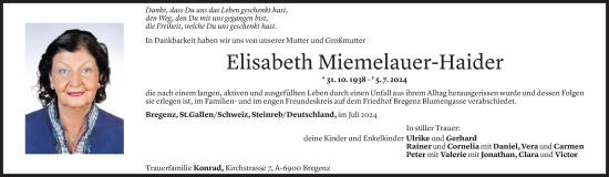 Todesanzeige von Elisabeth Miemelauer-Haider von Vorarlberger Nachrichten