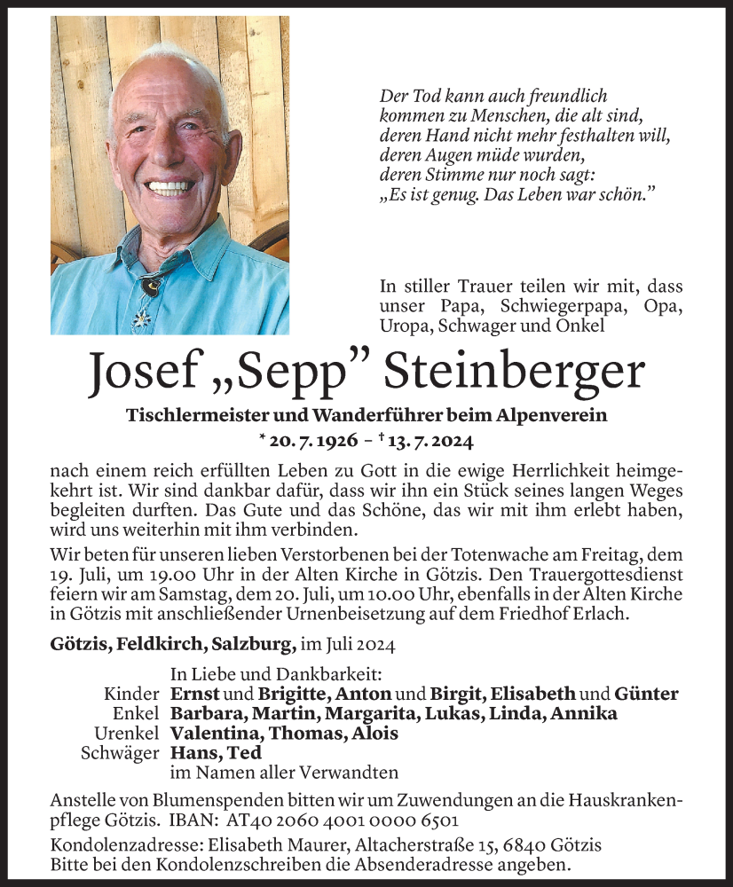  Todesanzeige für Josef Steinberger vom 17.07.2024 aus Vorarlberger Nachrichten