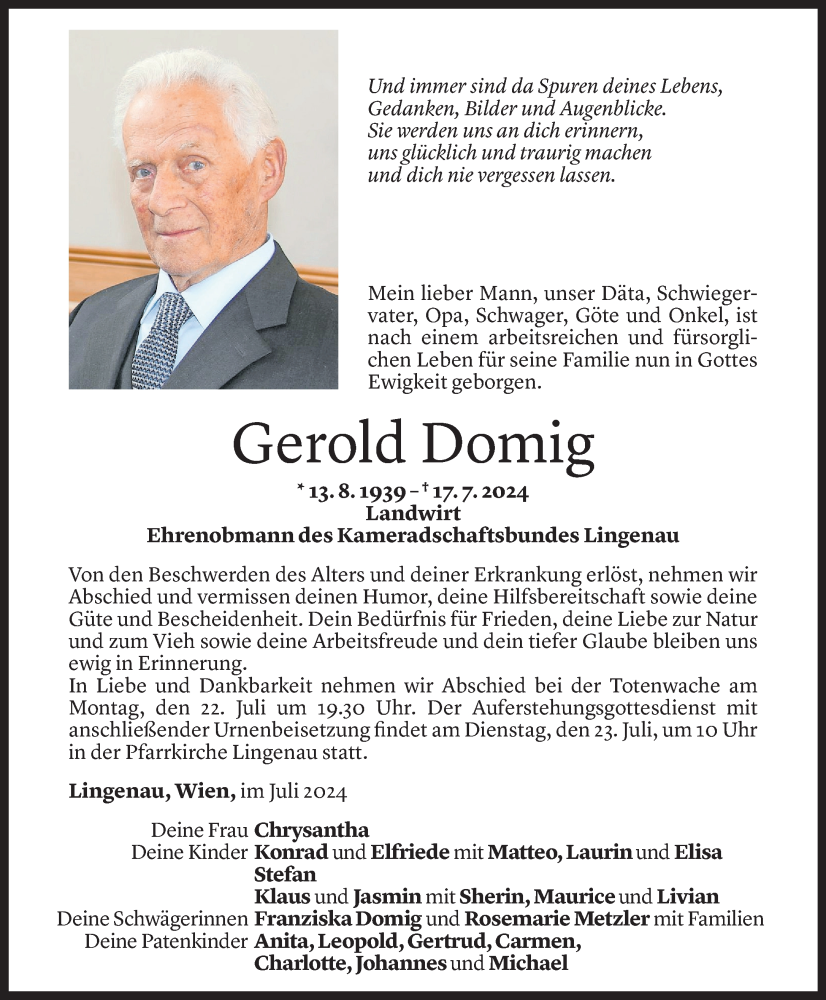  Todesanzeige für Gerold Domig vom 19.07.2024 aus Vorarlberger Nachrichten