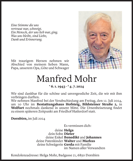 Todesanzeige von Manfred Mohr von Vorarlberger Nachrichten