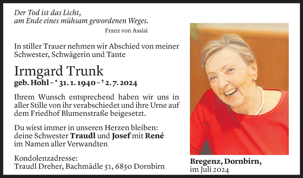  Todesanzeige für Irmgard Trunk vom 19.07.2024 aus Vorarlberger Nachrichten