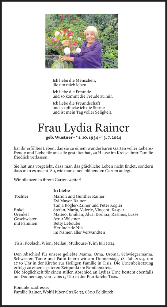 Todesanzeige von Lydia Rainer von Vorarlberger Nachrichten