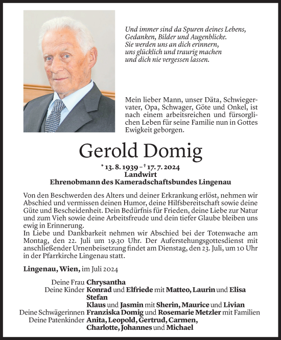 Todesanzeige von Gerold Domig von Vorarlberger Nachrichten
