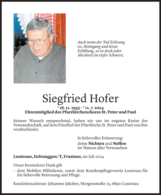 Todesanzeige von Siegfried Hofer von Vorarlberger Nachrichten