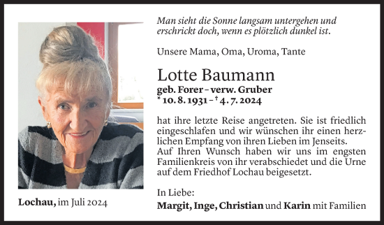 Todesanzeige von Lotte Baumann von Vorarlberger Nachrichten