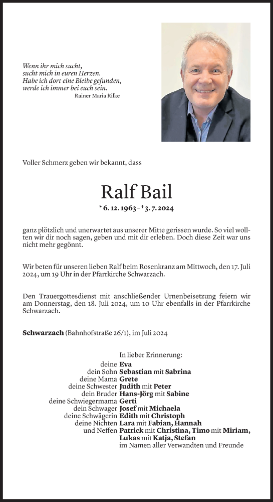  Todesanzeige für Ralf Bail vom 13.07.2024 aus Vorarlberger Nachrichten