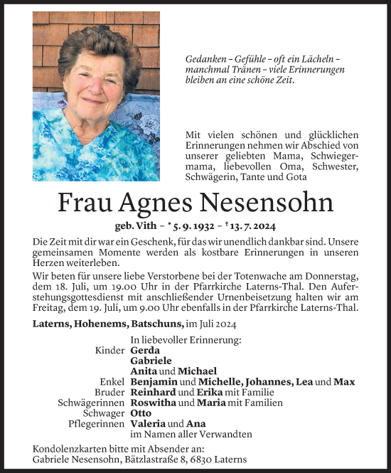 Todesanzeige von Agnes Nesensohn von Vorarlberger Nachrichten