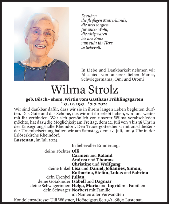 Todesanzeige von Wilma Strolz von Vorarlberger Nachrichten